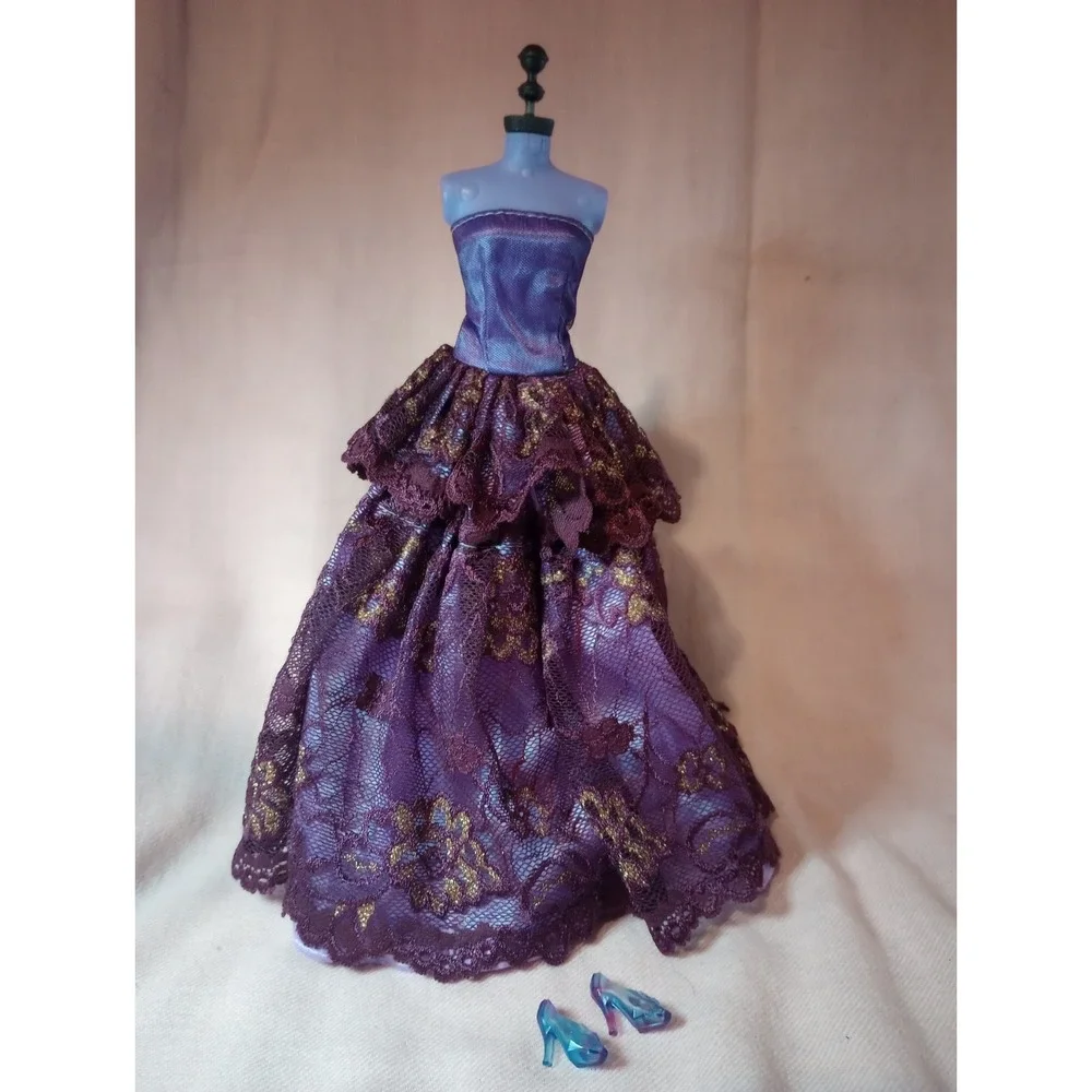 Barbie Doll Clothes Lot 2 Formal Gowns Purple Lace Aqua Glitter Dress Shoes
